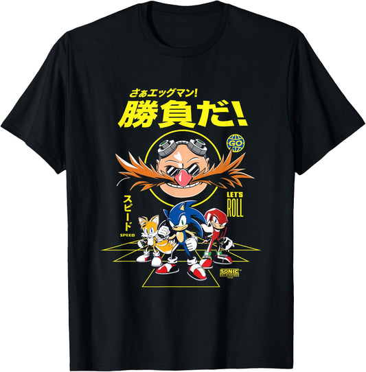 Sonic The Hedgehog Let's Roll Distressed Kanji Poster T-Shirt - T-Shirt | Black