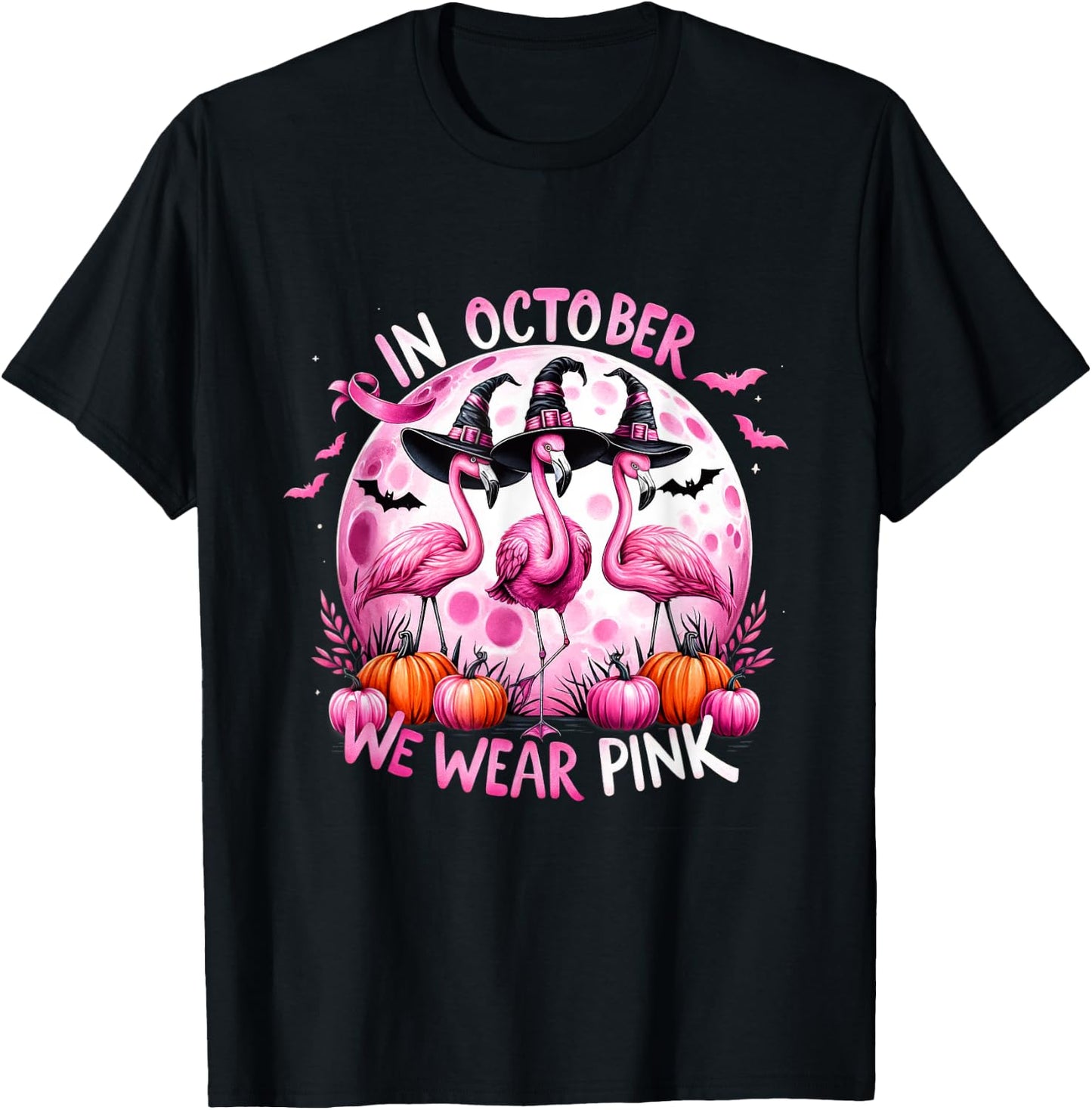 Flamingo In October We Wear Pink Breast Cancer Halloween T-Shirt - T-Shirt | Black