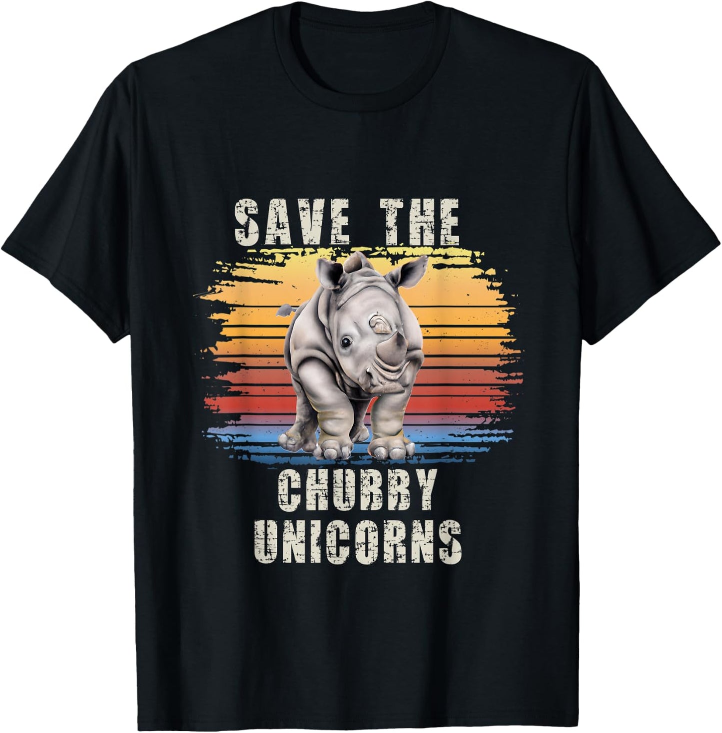 Save The Chubby Unicorns Retro Sunset Rhino Funny T-Shirt - T-Shirt | Black