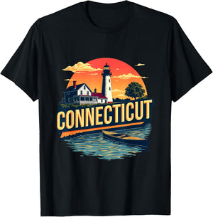 Connecticut Vintage Lighthouse Coastal Sunset Scenic T-Shirt - T-Shirt | Black