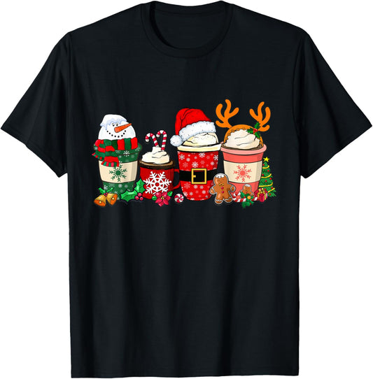 Cute Christmas Coffee Shirt Snowman Deer Santa Coffee Xmas T-Shirt - T-Shirt | Black