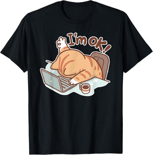 Funny Cat I'm OK Work from Home Coffee Spilled Laptop T-Shirt - T-Shirt | Black