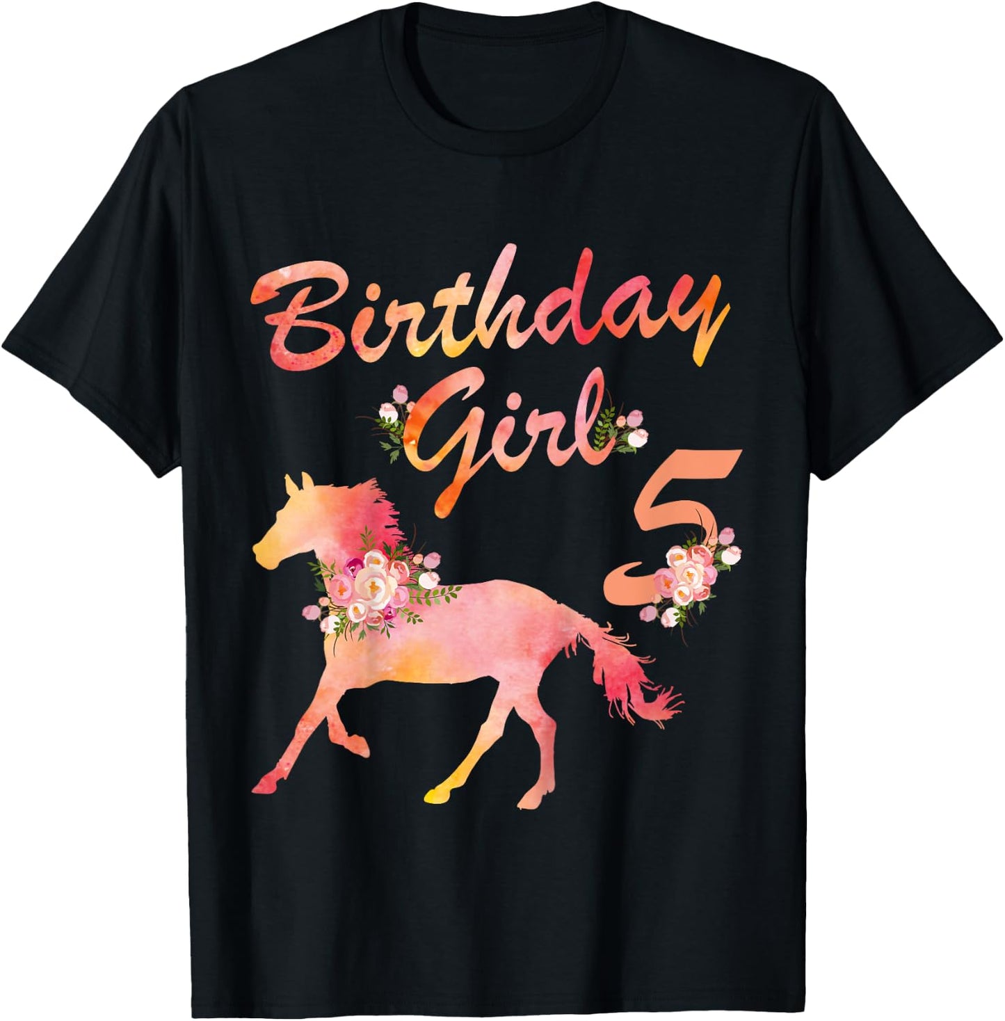Horse Lover 5th Birthday For Girls Love Horses 5 Years Old T-Shirt - T-Shirt | Black