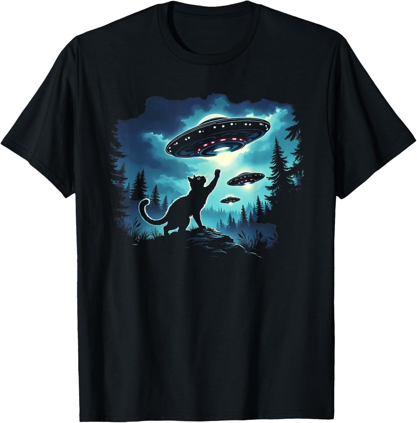 Alien Cat Playing With Ufo T-Shirt - T-Shirt | Black