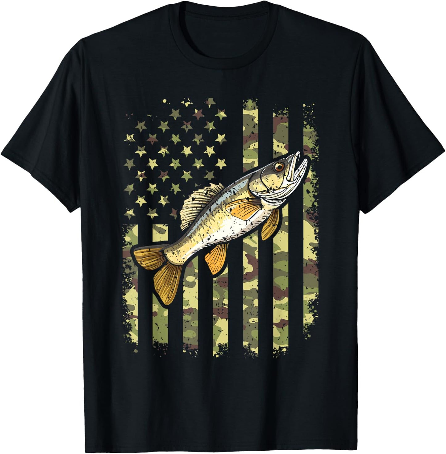 Walleye Camo American Flag, Fishing Walleye T-Shirt - T-Shirt | Black