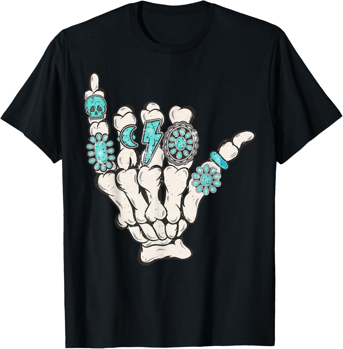 Skeleton Turquoise Hand Western Rodeo Cowboy Cowgirl T-Shirt - T-Shirt | Black