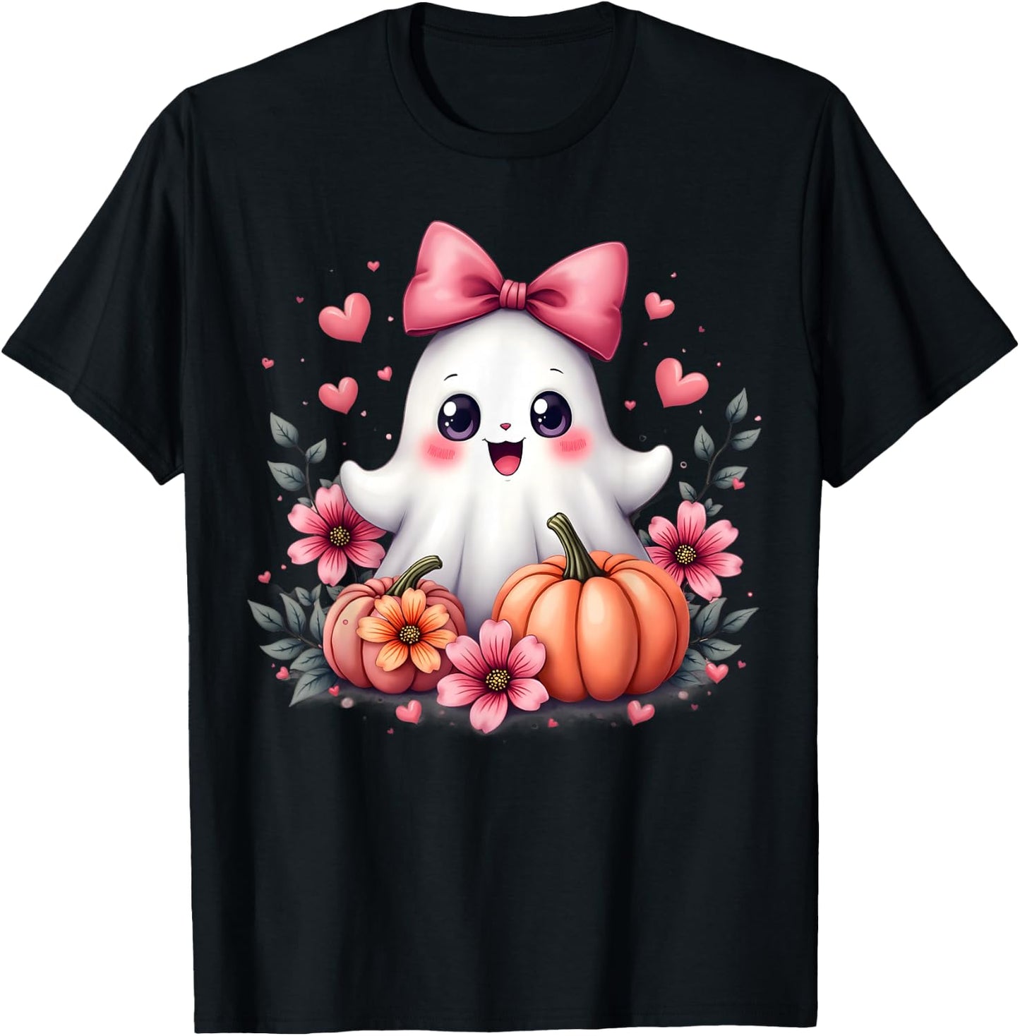 Cute Kawaii Ghost with Pink Bow Halloween Pumpkin Flowers T-Shirt - T-Shirt | Black