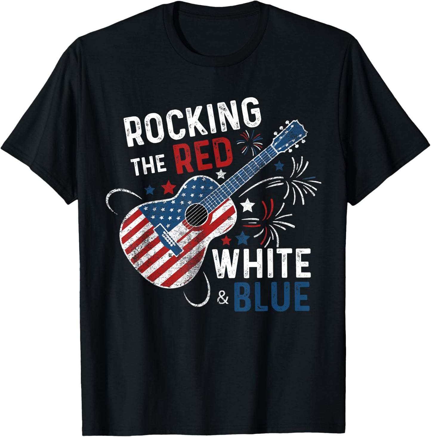 Rocking The Red White and Blue Guitar 4th Of July Musician T-Shirt - T-Shirt | Black