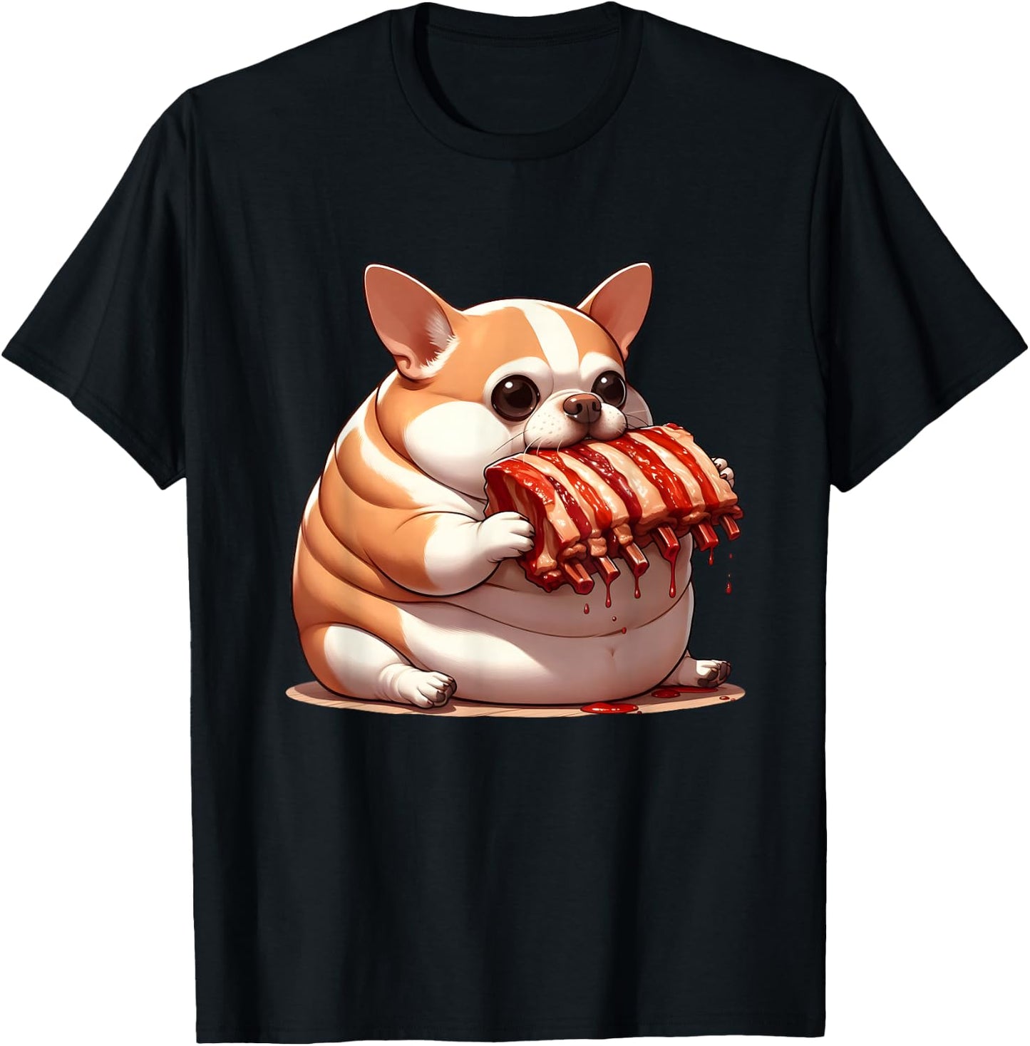 Fat Chihuahua Eating Spareribs , Small, Black T-Shirt - T-Shirt | Black
