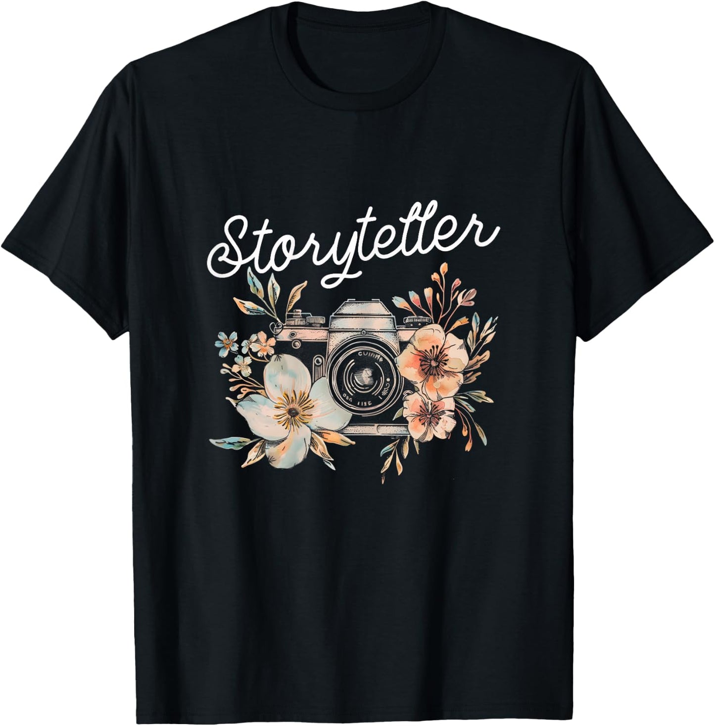 Photographer Storyteller Vintage Camera Flowers Photography T-Shirt - T-Shirt | Black