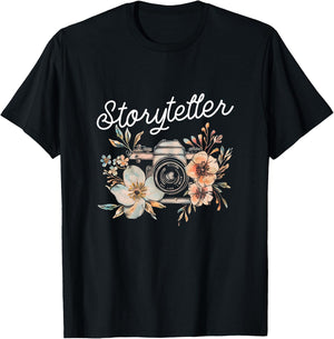 Photographer Storyteller Vintage Camera Flowers Photography T-Shirt - T-Shirt | Black