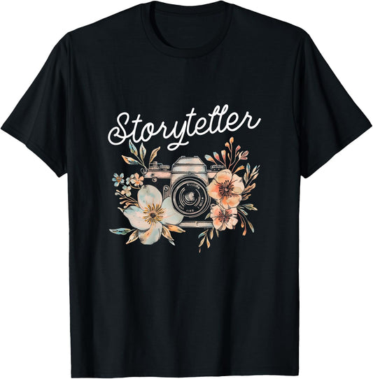 Photographer Storyteller Vintage Camera Flowers Photography T-Shirt - T-Shirt | Black