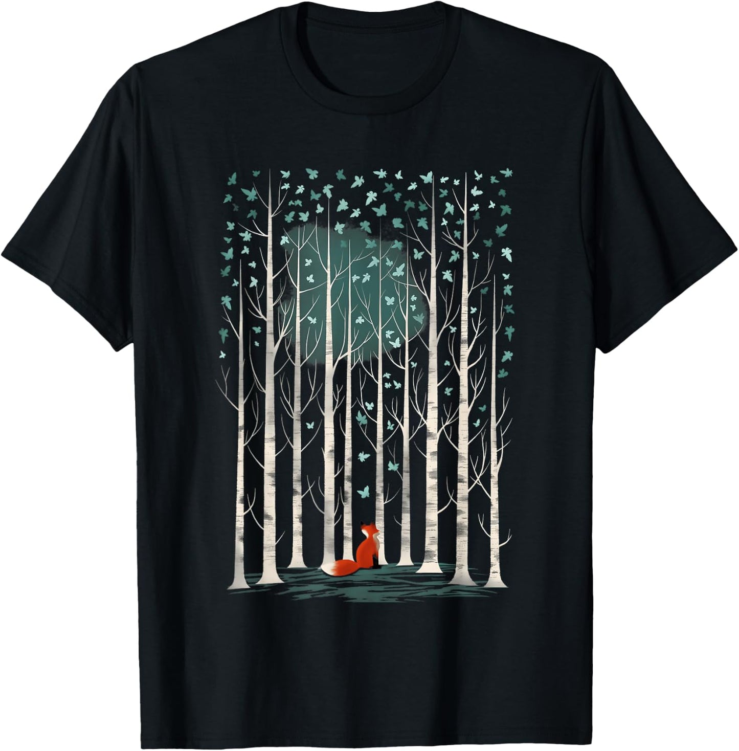 The Silent Observer: a fox in forest woods with birch trees T-Shirt - T-Shirt | Black