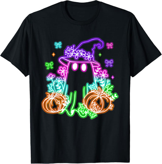 Cute Boo Halloween Ghost Witch Pumpkin Trendy Halloween Neon T-Shirt - T-Shirt | Black