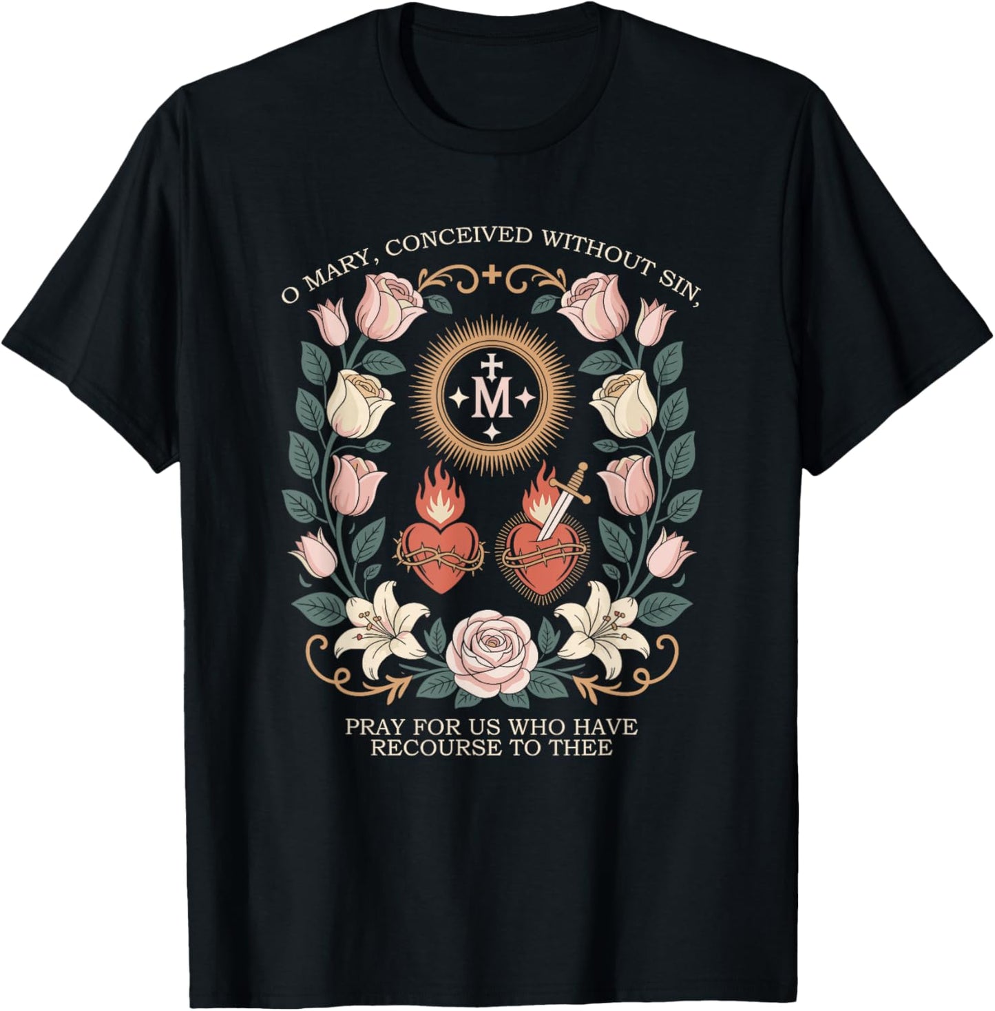 Marian Catholic Virgin Mary Marian Floral Cross Religious T-Shirt - T-Shirt | Black
