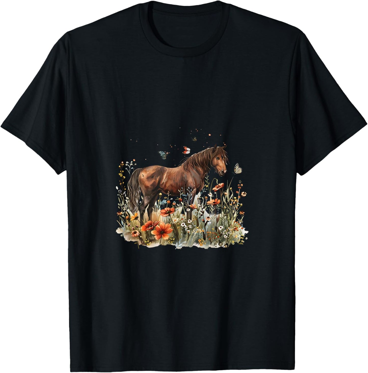 Horse in Flower Meadow with Butterflies T-Shirt - T-Shirt | Black