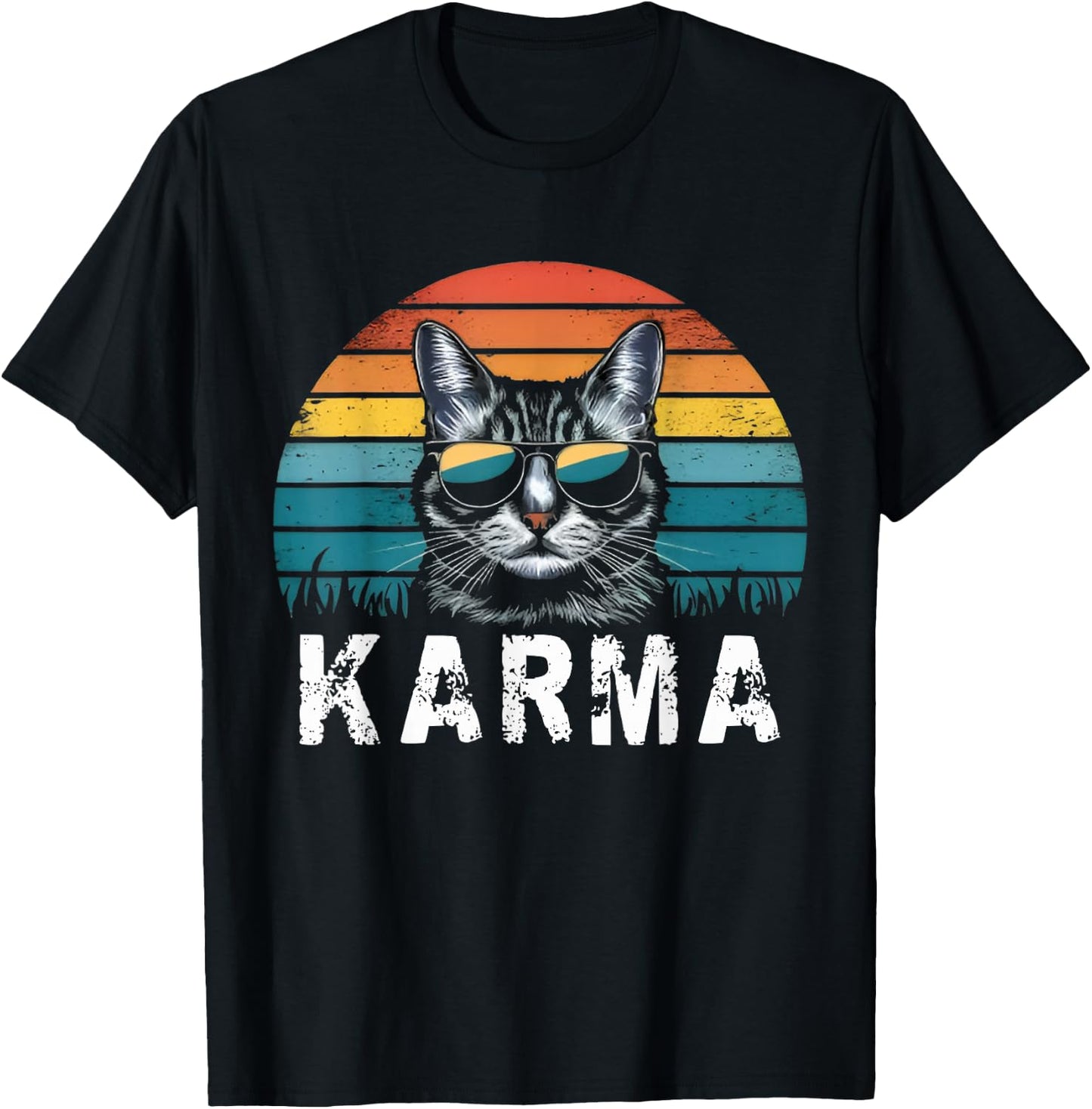 Vintage Cat Music Sunset Gifts Women Men Kids Girls Karma T-Shirt - T-Shirt | Black