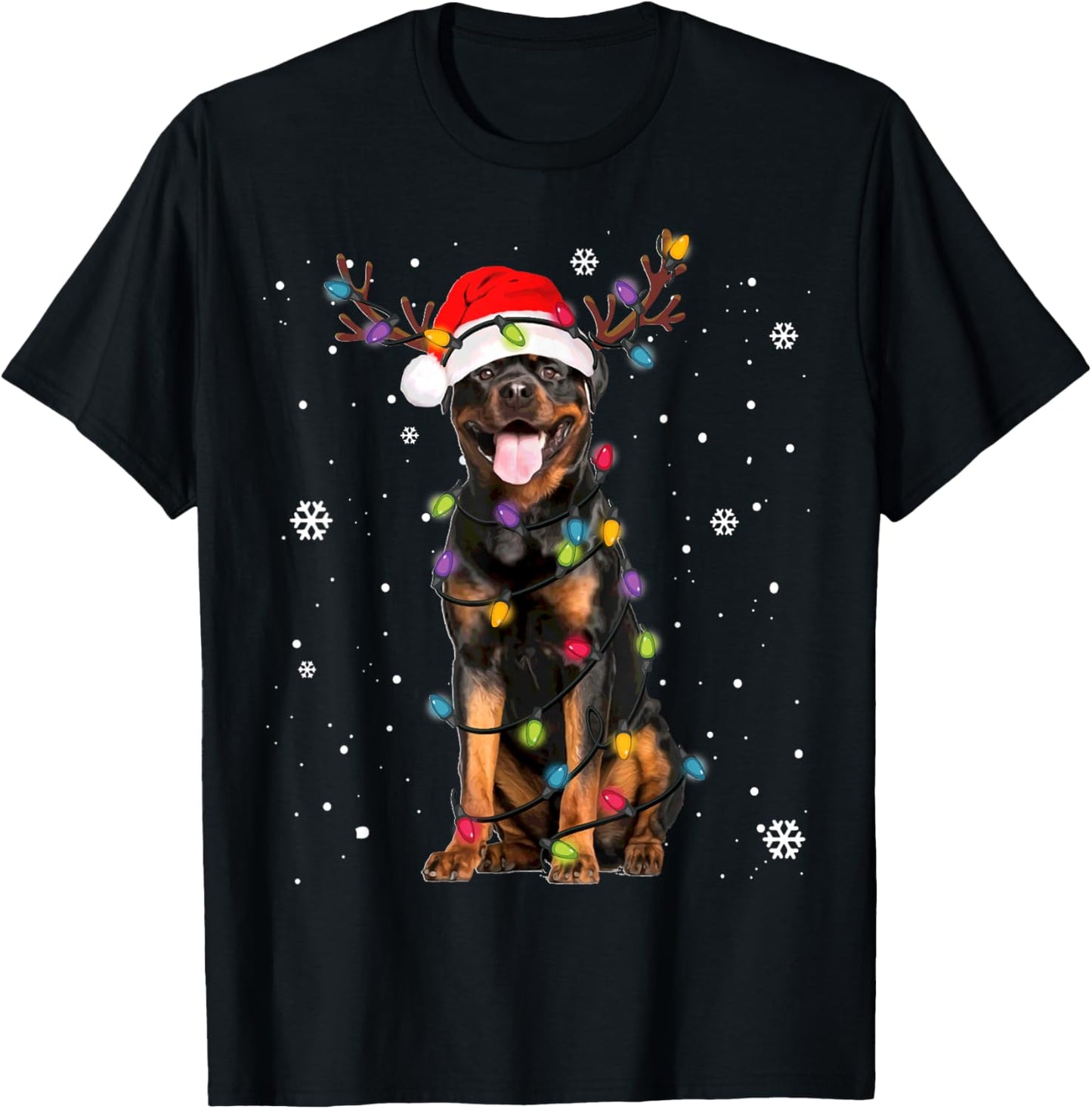 Rottweiler Santa Christmas Lights Xmas Dog Lover Xmas Pajama T-Shirt - T-Shirt | Black