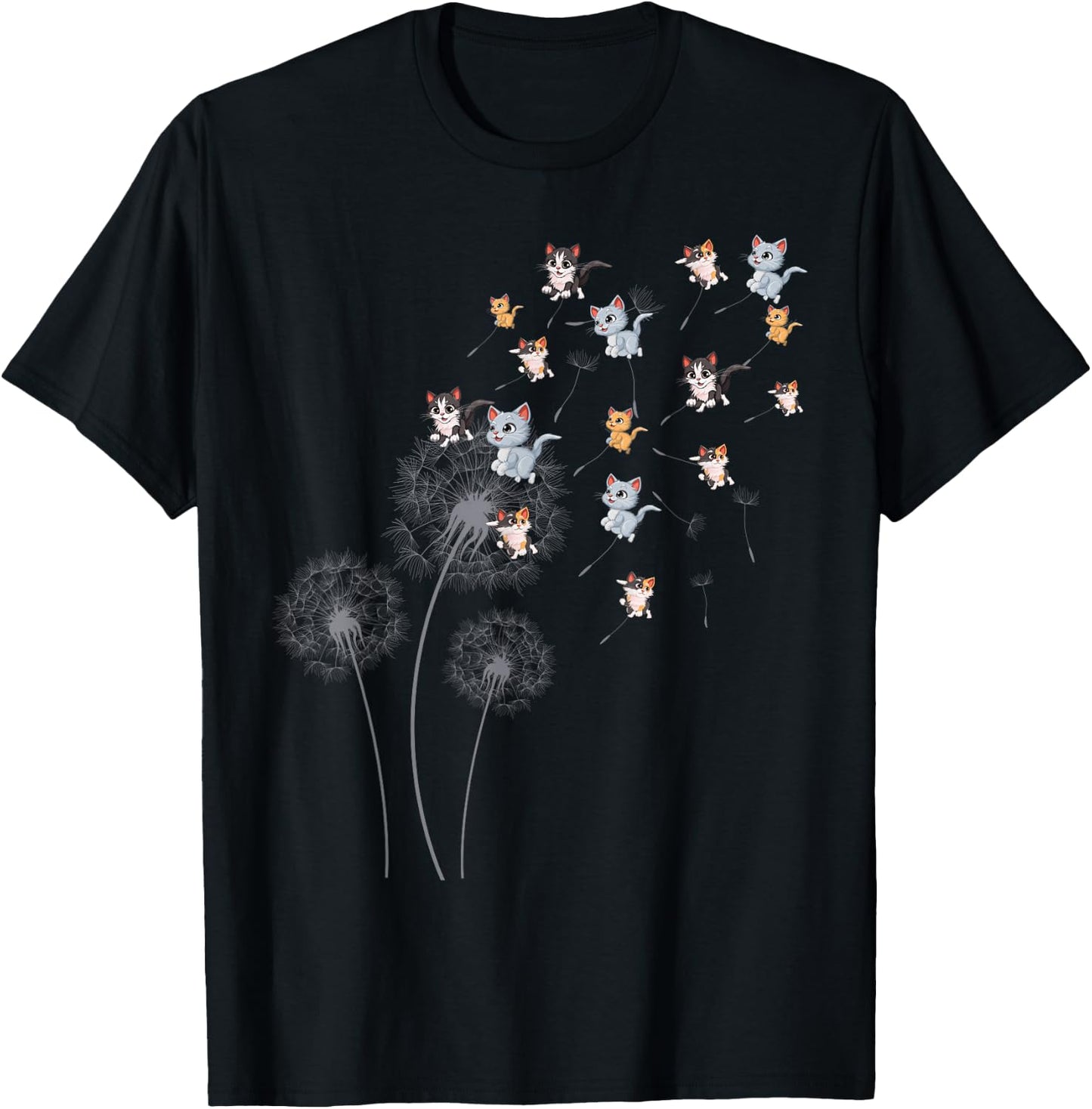 Cat Cat Girls Cute Dandelion Flower T-Shirt - T-Shirt | Black