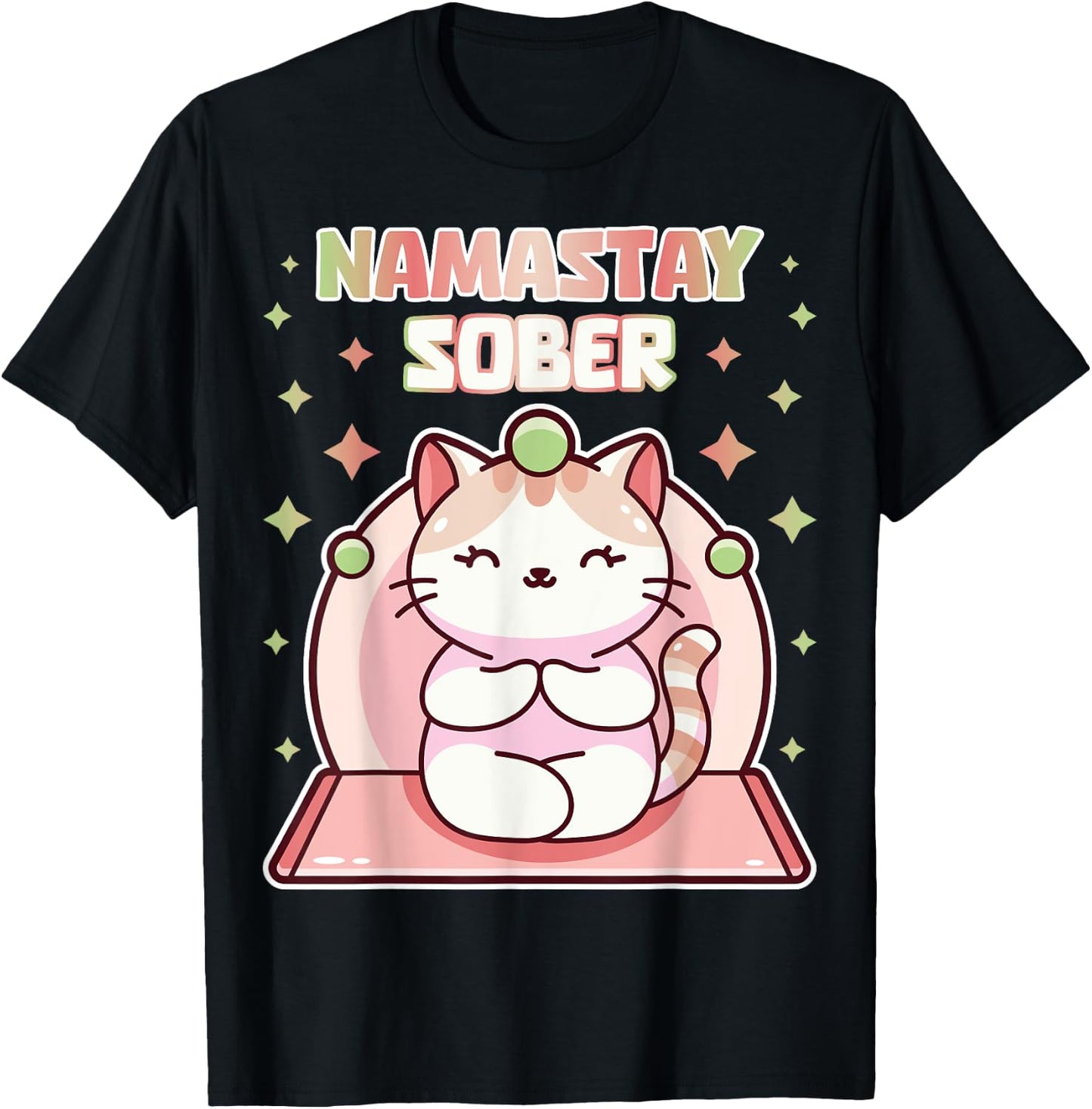 Namastay Sober Cute Cat Yoga NA AA Gym 1 Year Soberiety Women T-Shirt - T-Shirt | Black