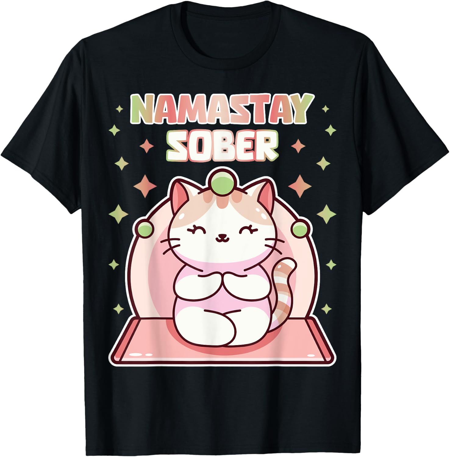 Namastay Sober Cute Cat Yoga NA AA Gym 1 Year Soberiety Women T-Shirt - T-Shirt | Black