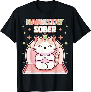 Namastay Sober Cute Cat Yoga NA AA Gym 1 Year Soberiety Women T-Shirt - T-Shirt | Black