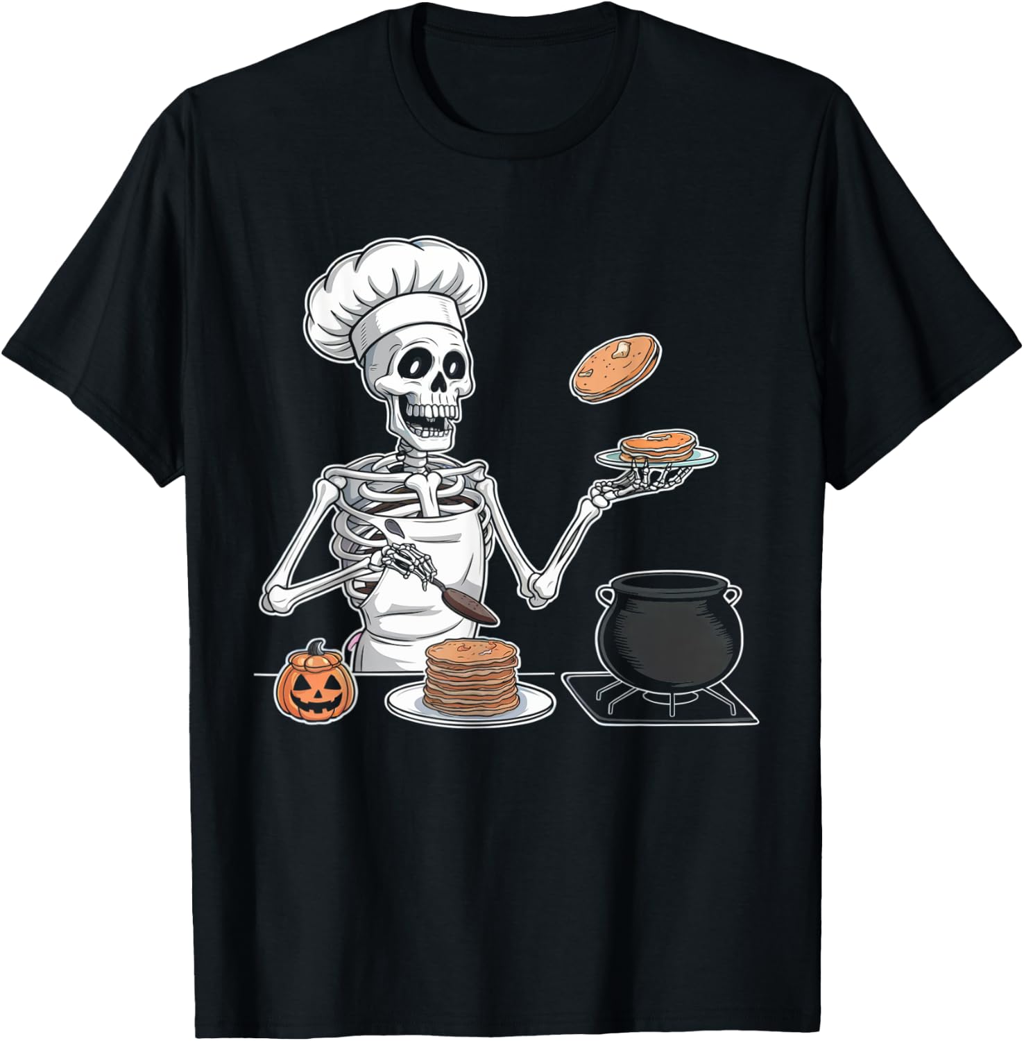 Skeleton Cooking Halloween Shirt Spooky Chef Pancakes Cook T-Shirt - T-Shirt | Black