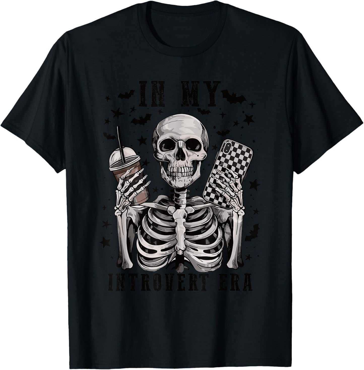 In My Introvert Era Retro Halloween Skeleton Coffee T-Shirt - T-Shirt | Black