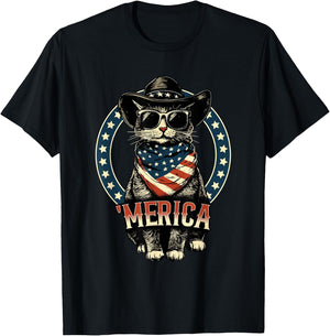USA 'Merica Cat 4th of July Men Women Kids Funny Patriotic T-Shirt - T-Shirt | Black