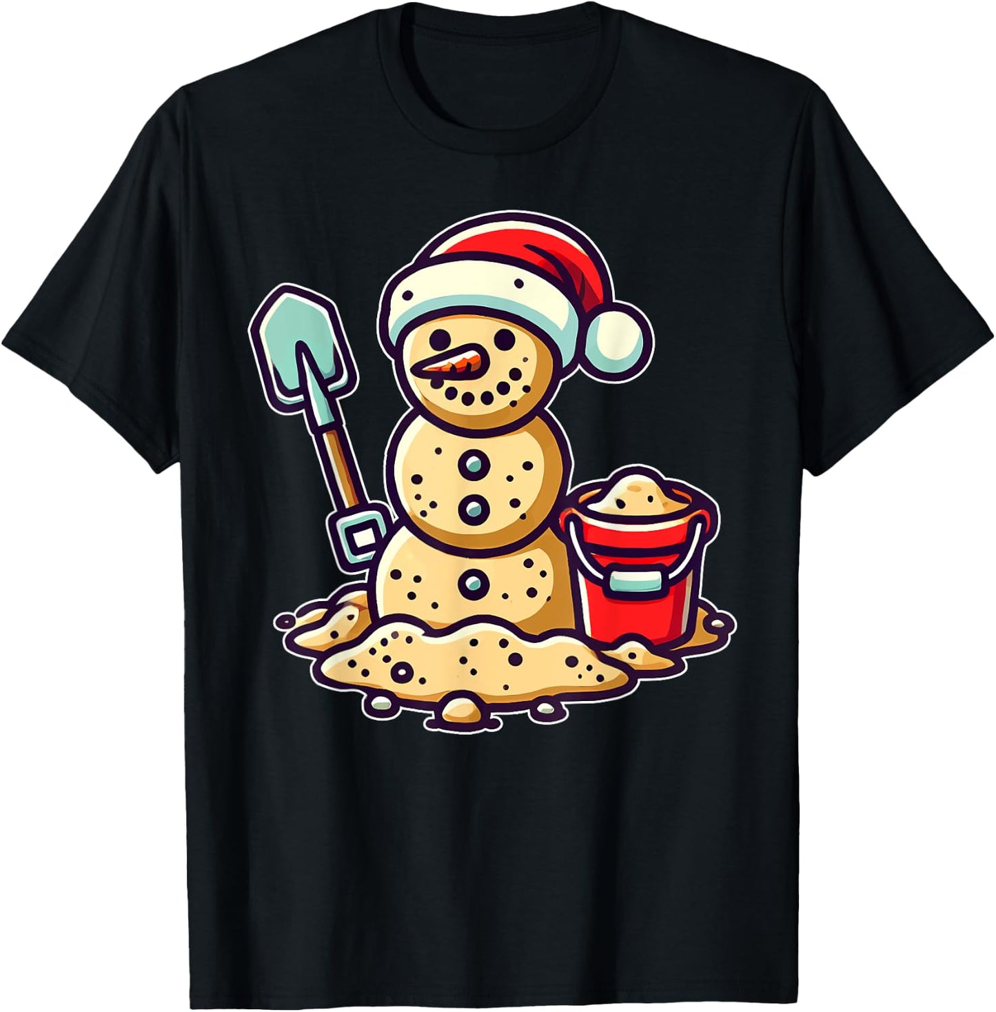Christmas In July Sand Snowman Santa Hat Shovel Xmas Beach T-Shirt - T-Shirt | Black