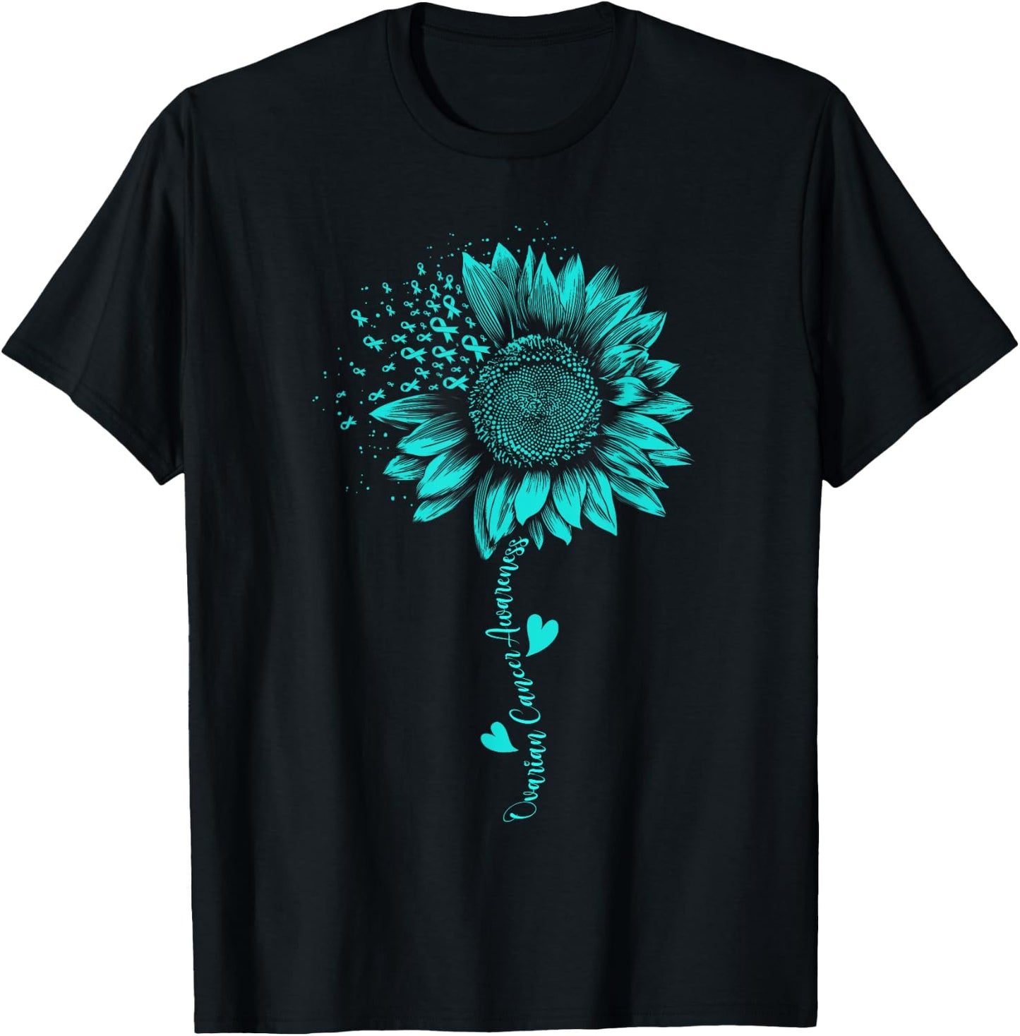 Ovarian Cancer Awareness Sunflower Teal Ribbon Warriors T-Shirt - T-Shirt | Black