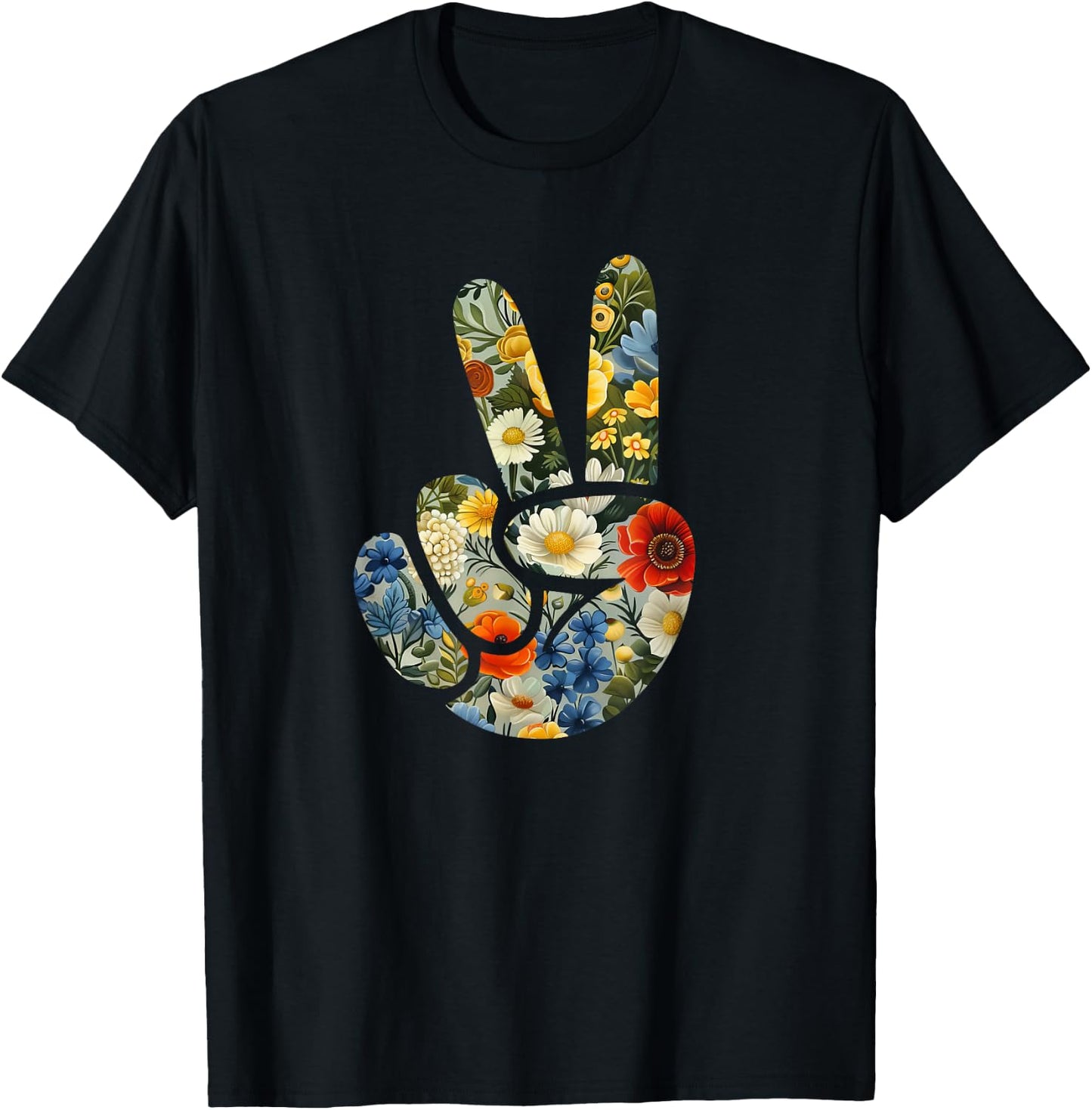 Elegant Silhouette Wildflowers Floral Peace Sign Hand T-Shirt - T-Shirt | Black