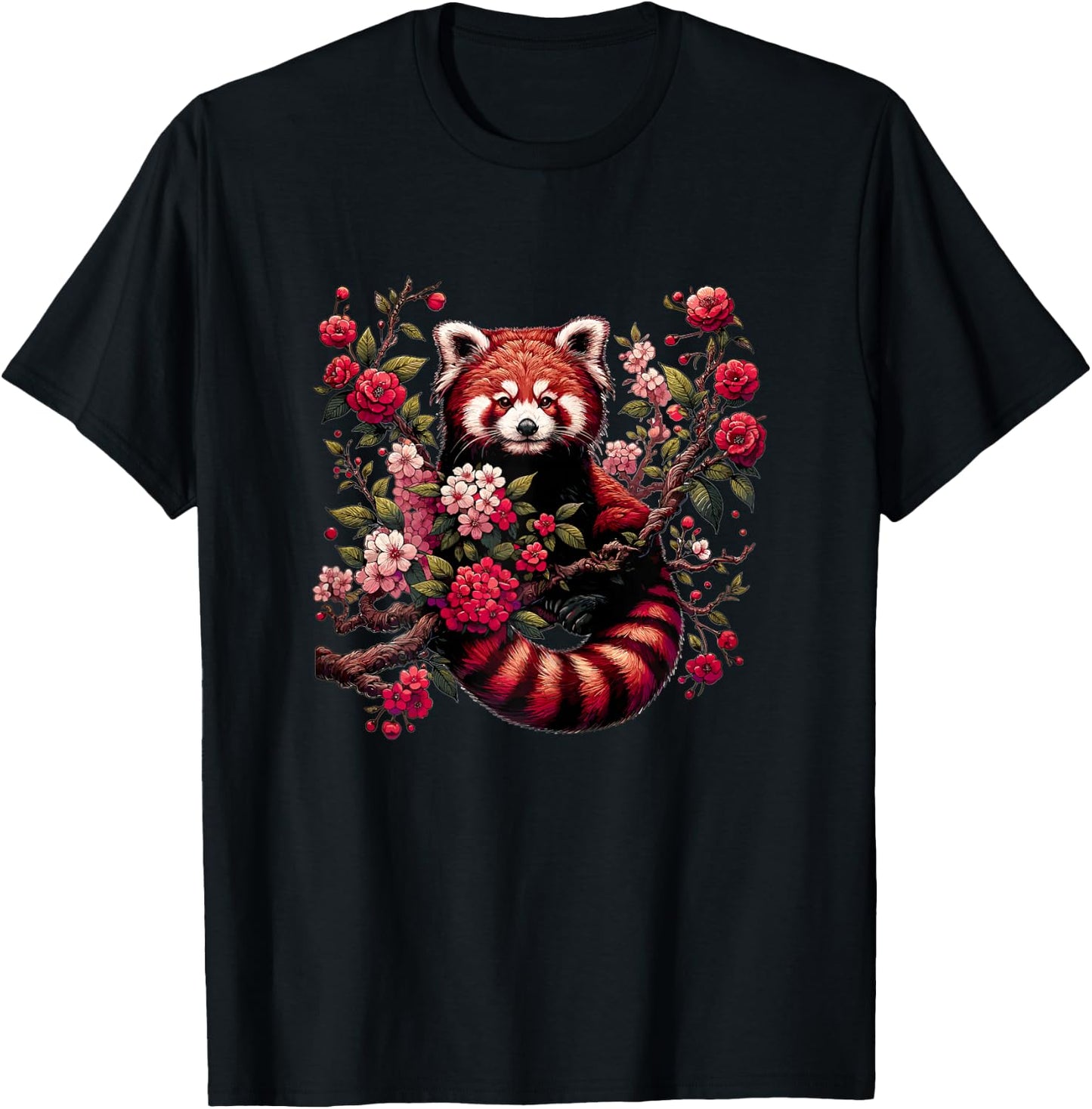Red Panda Japanese Cherry Blossom Flower T-Shirt - T-Shirt | Black