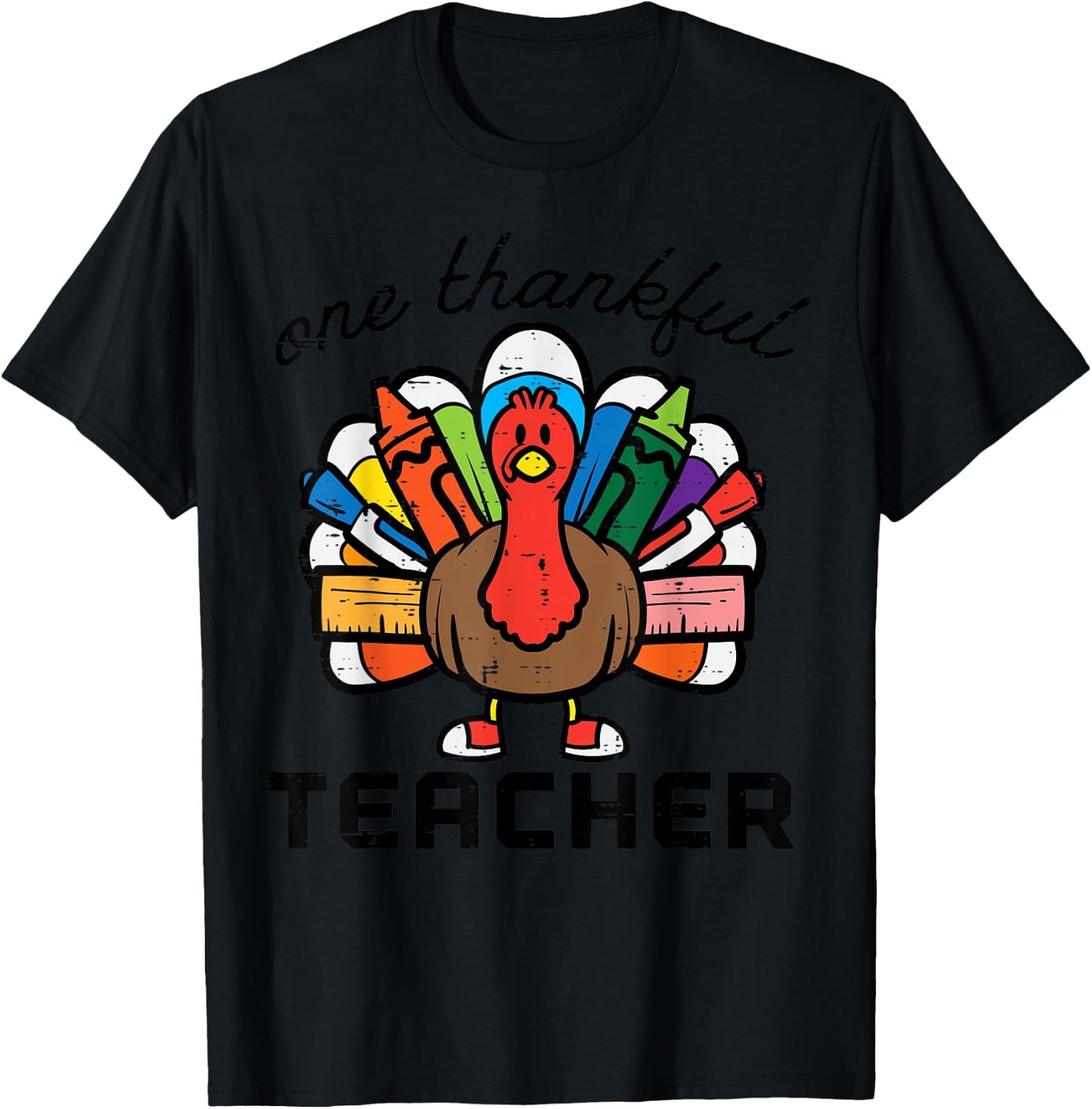 Happy Thanksgiving One Thankful Teacher Turkey Day Men Women T-Shirt - T-Shirt | Black