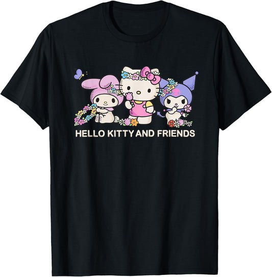Sanrio Hello Kitty and Friends Flower Crowns , Small, Black T-Shirt - T-Shirt | Black