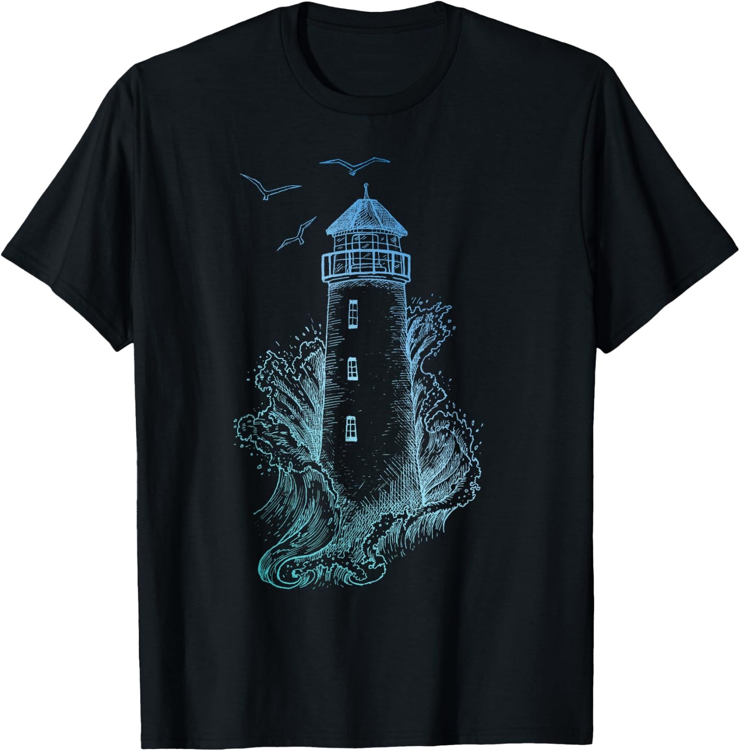Lighthouse - Pharos Wave and Seagull T-Shirt - T-Shirt | Black