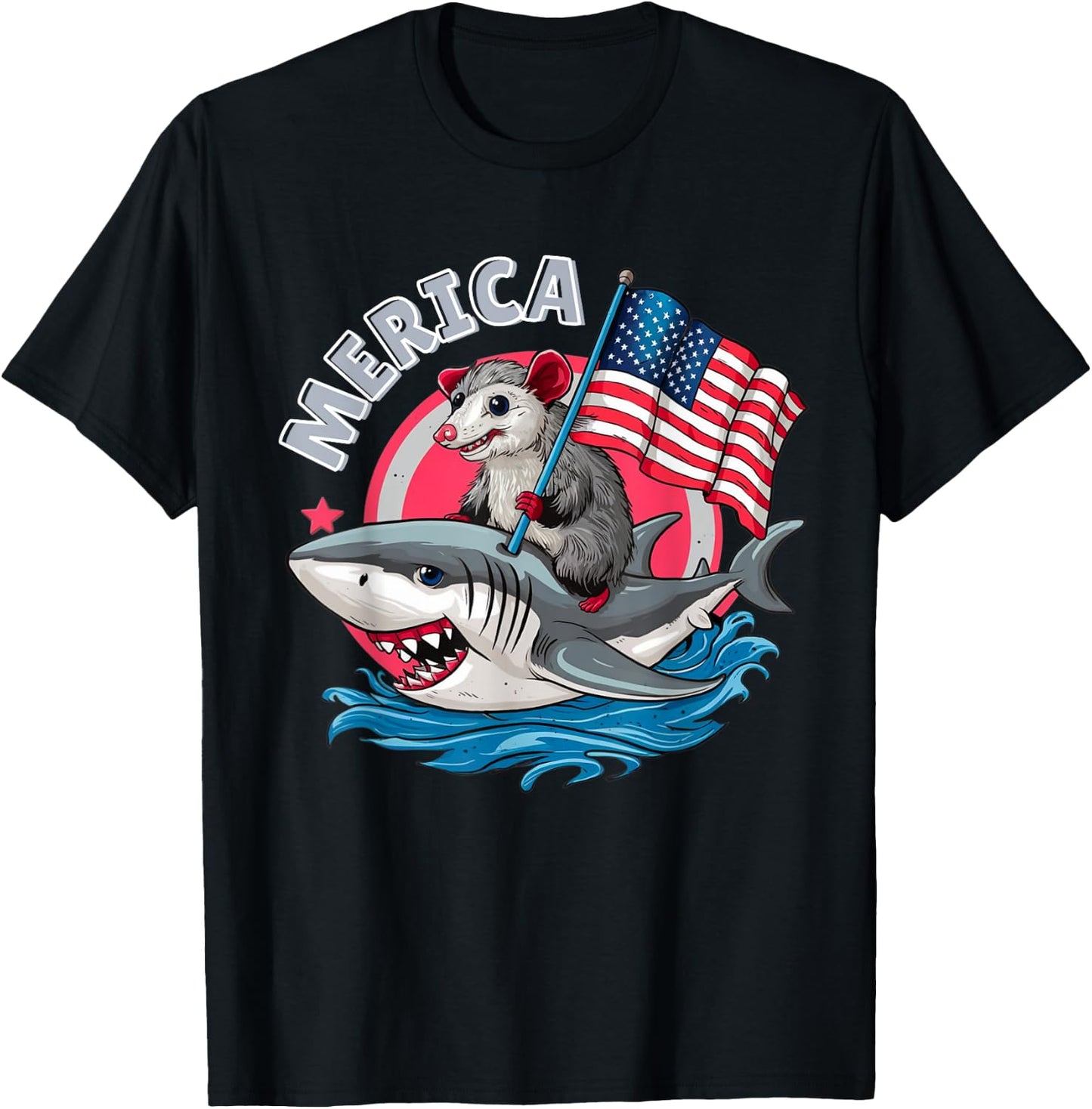 Funny Opossum Riding Shark American Flag USA 4th of July T-Shirt - T-Shirt | Black