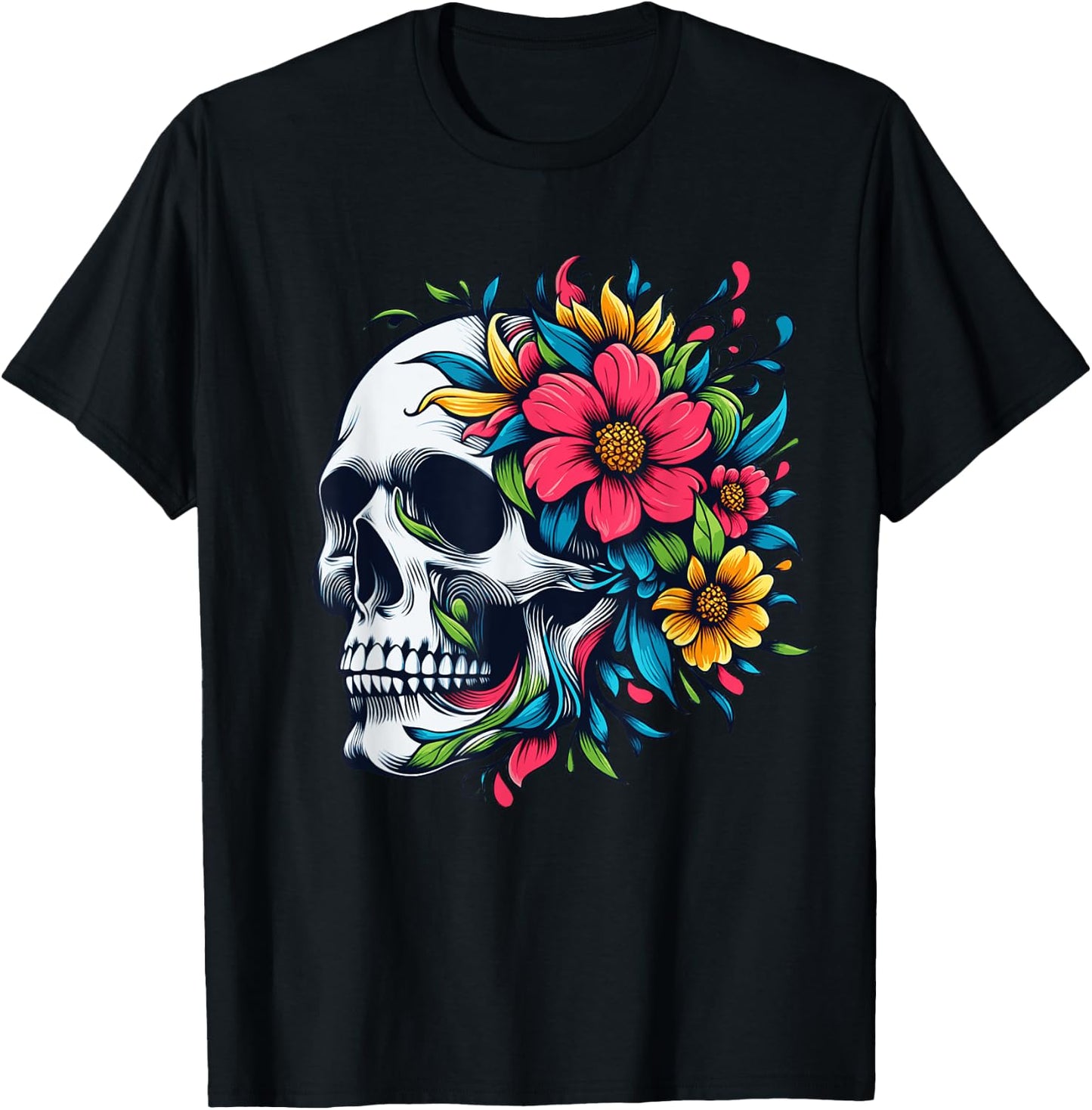 Flower Skull Floral Abstract Bloom & Bone - Life & Death Art T-Shirt - T-Shirt | Black