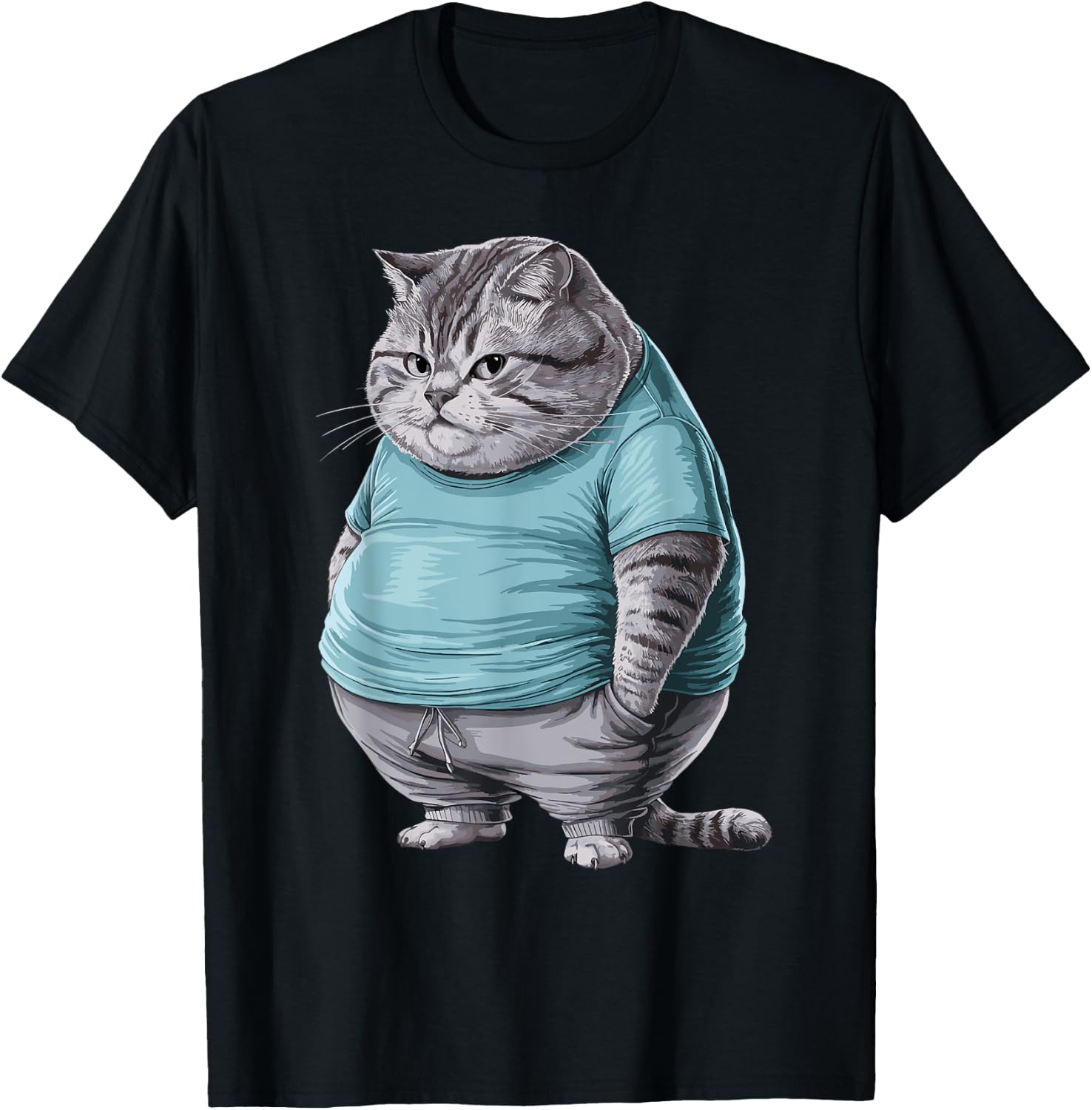 Funny Fat Sad Cat Art Design Fat Kitten Cat Lover Fat Cat Women Girls Kids T-Shirt - T-Shirt | Black