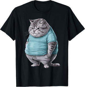 Funny Fat Sad Cat Art Design Fat Kitten Cat Lover Fat Cat Women Girls Kids T-Shirt - T-Shirt | Black
