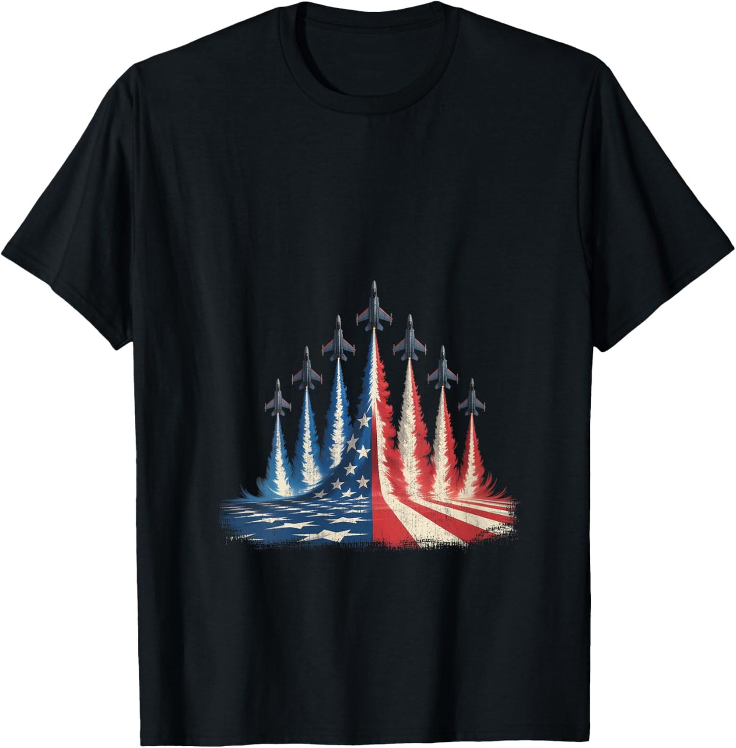 Fighter Jet American Flag 4th of July V-Neck T-Shirt - T-Shirt | Black