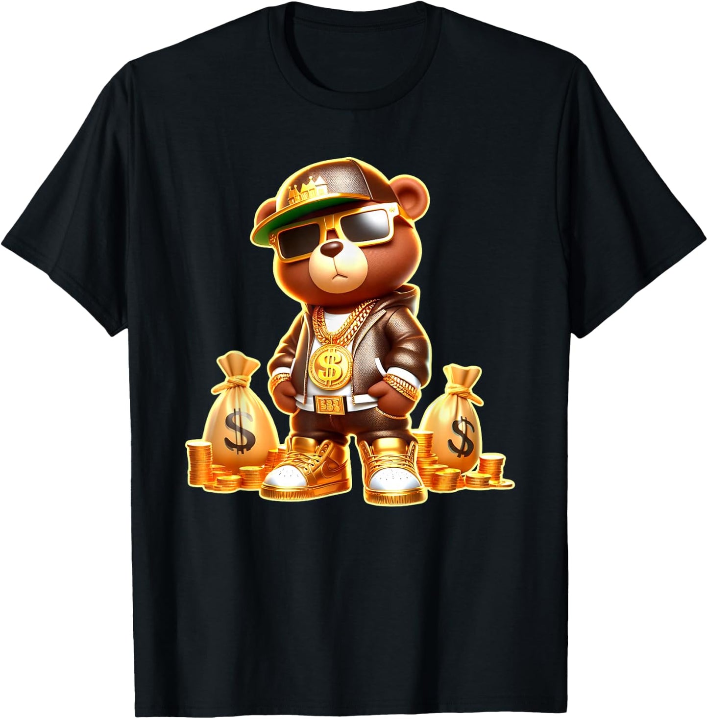 Golden Teddy Bear Boss Money Bags Golden Coins & Chain T-Shirt - T-Shirt | Black