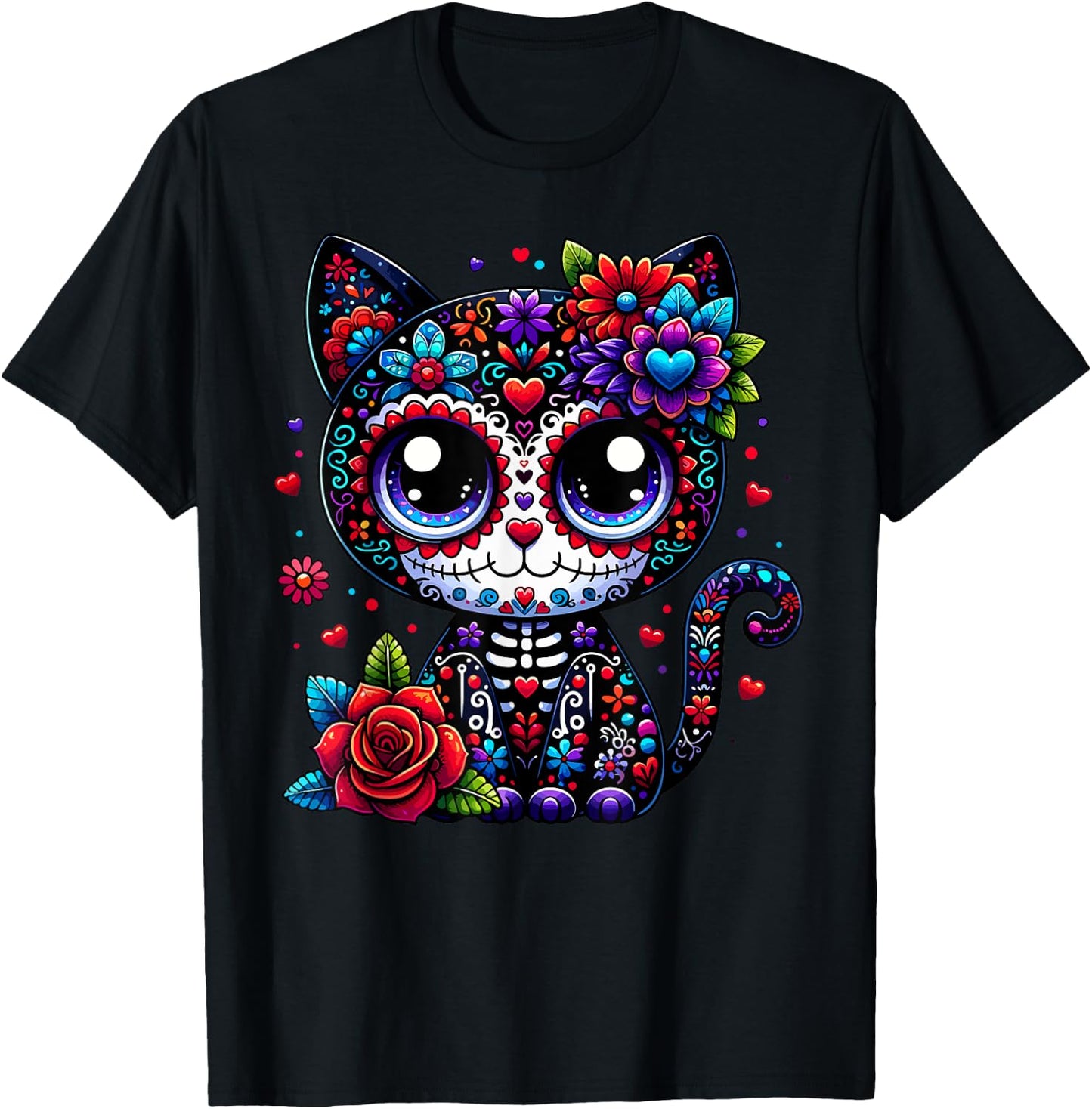 Dia De Los Muertos Cinco De Mayo Cat Sugar Skull Men Women T-Shirt - T-Shirt | Black