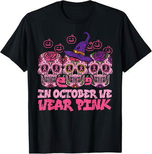 In October We Wear Pink Sugar Skull Halloween Breast Cancer T-Shirt - T-Shirt | Black