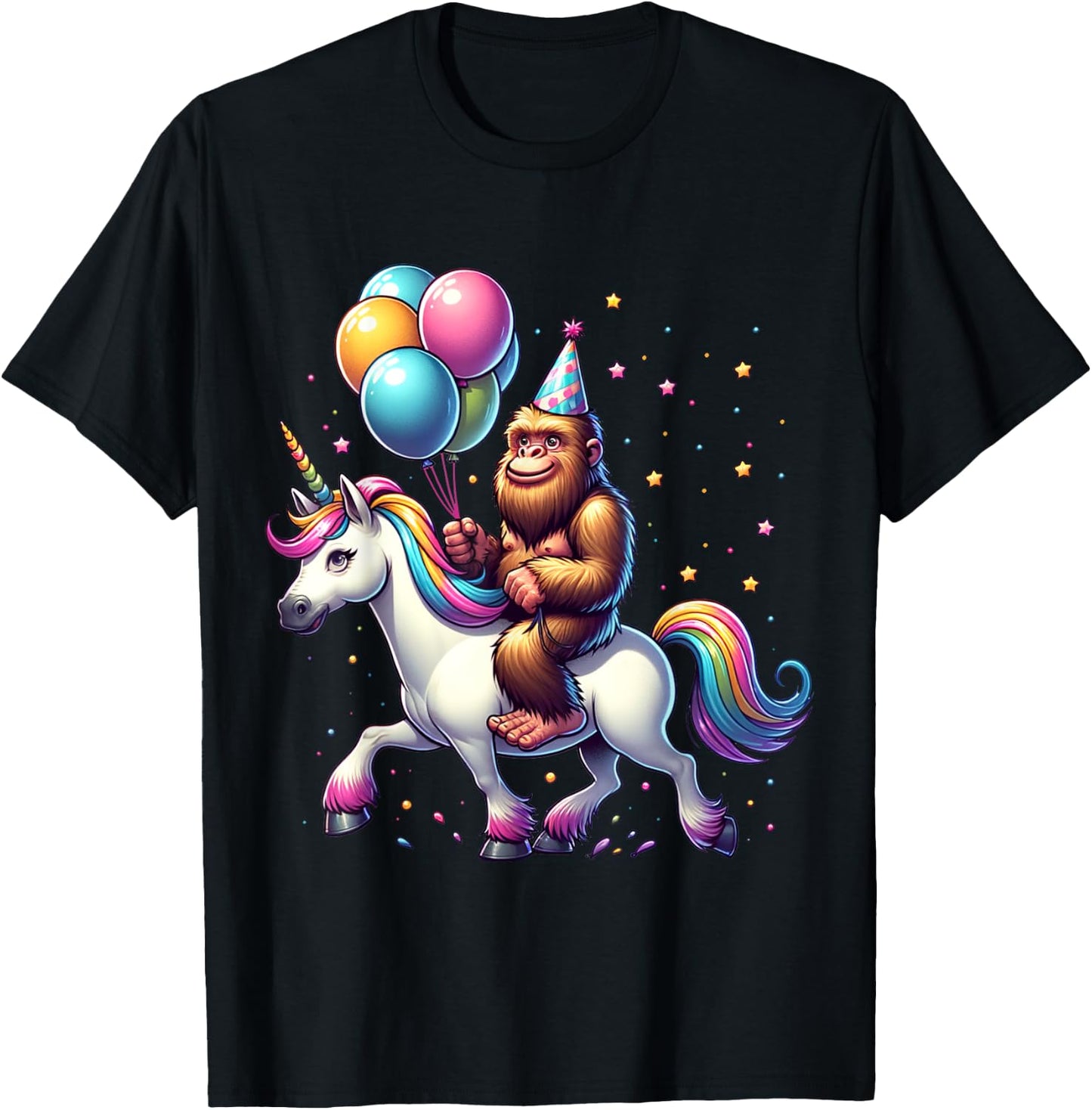 Bigfoot Sasquatch Riding Unicorn. Funny Bigfoot Birthday T-Shirt - T-Shirt | Black
