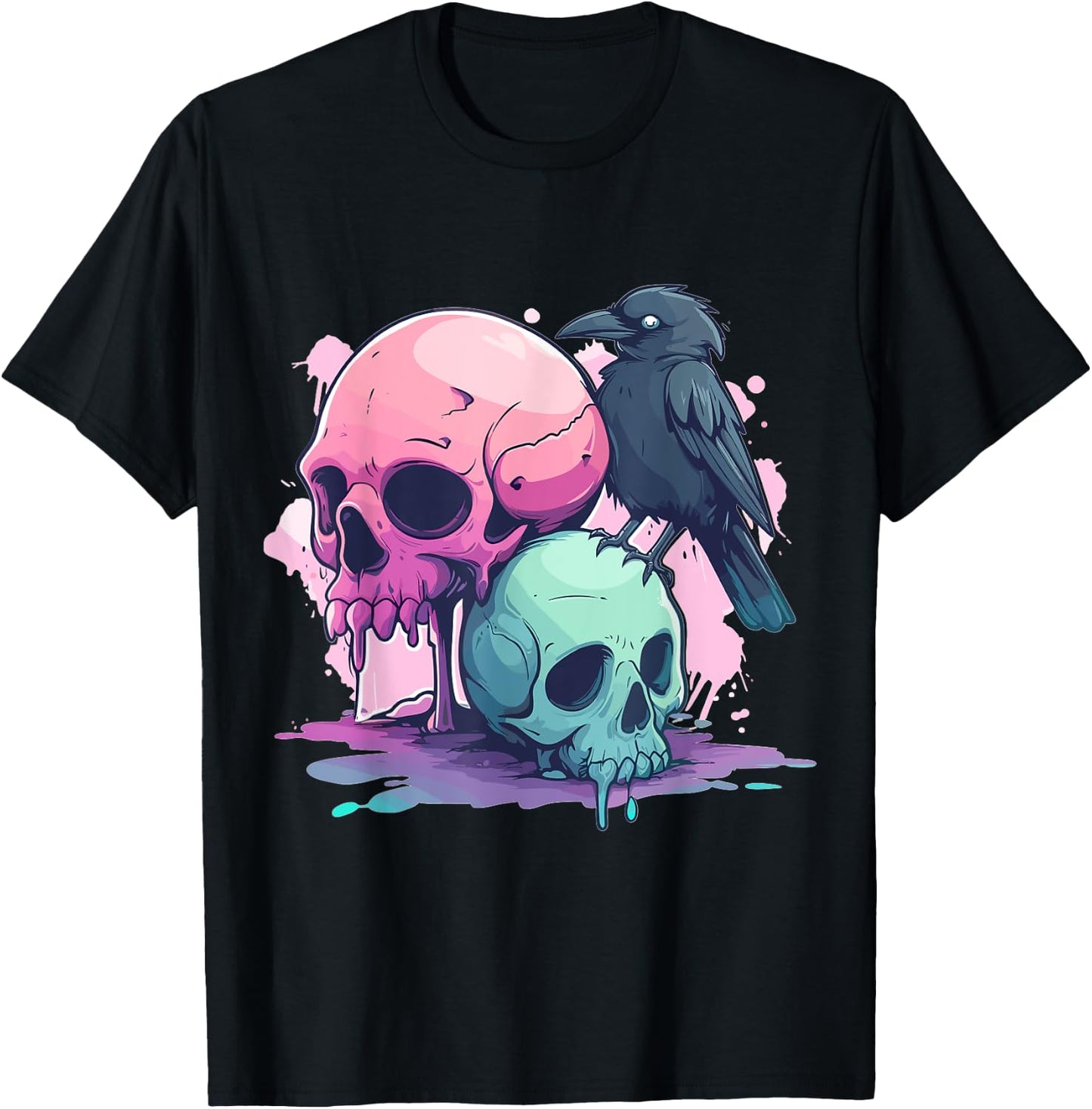 Goth Pastel Cute Creepy Kawaii Skull And Crow Vaporwave T-Shirt - T-Shirt | Black