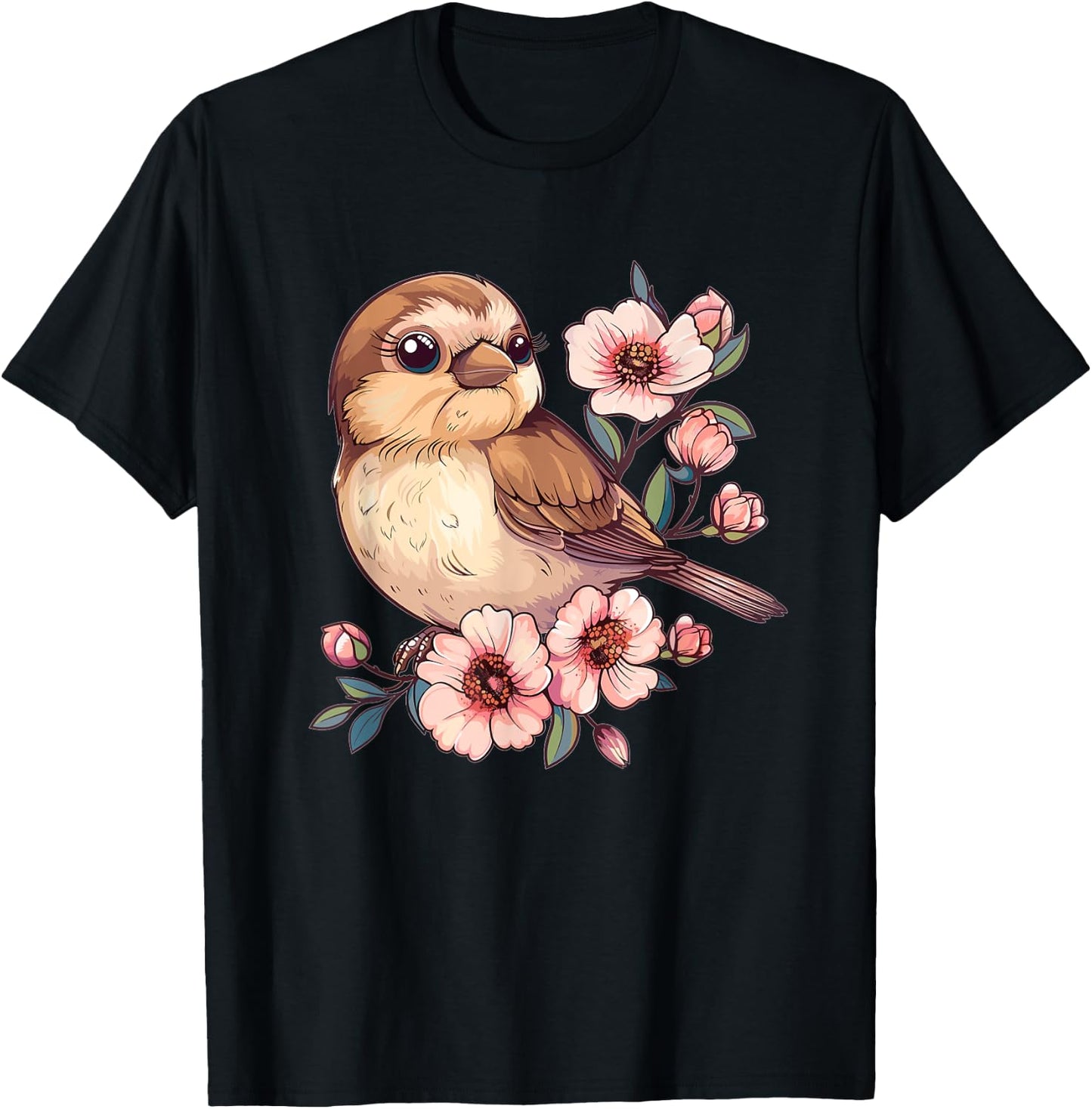 Cute Sparrow With Flowers I Sparrow T-Shirt - T-Shirt | Black