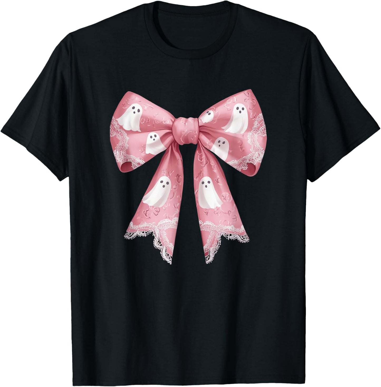 Pink Ghost Coquette Bow Halloween Spooky Season Girls T-Shirt - T-Shirt | Black