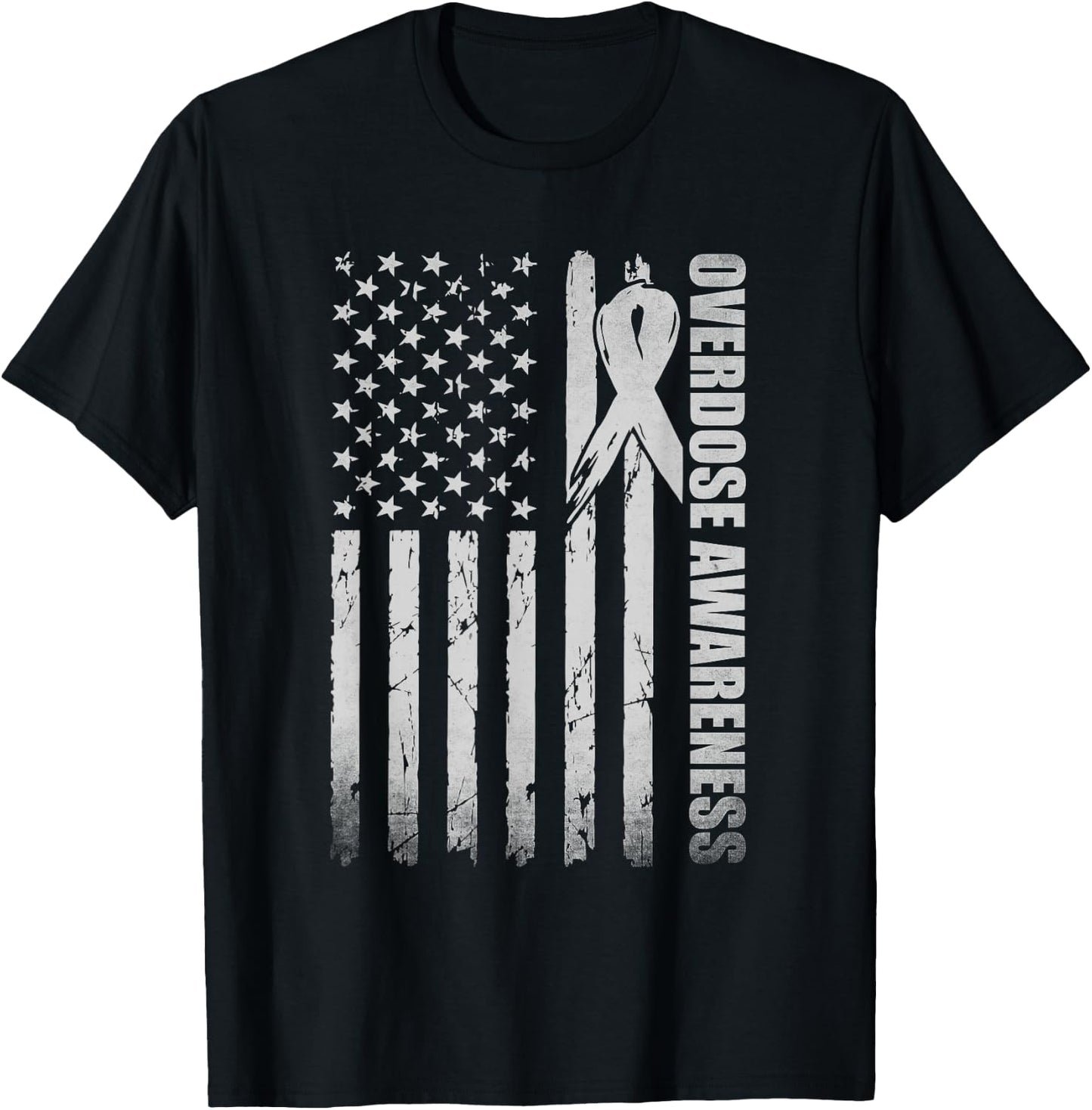 Overdose Awareness Month Purple Ribbon American Flag T-Shirt - T-Shirt | Black