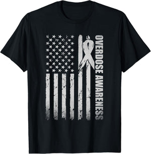 Overdose Awareness Month Purple Ribbon American Flag T-Shirt - T-Shirt | Black